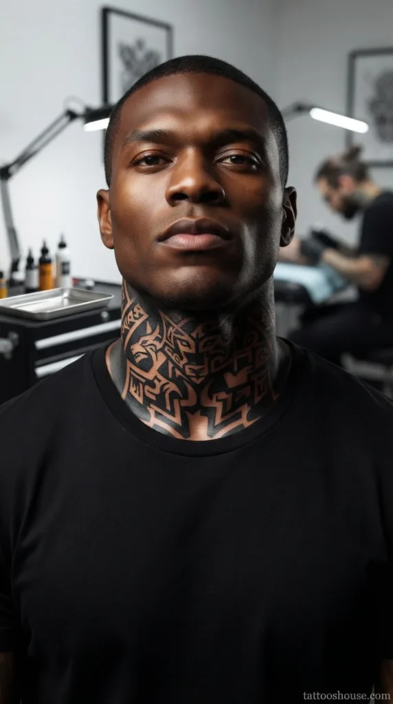 Innovative negative space front neck tattoo for men on dark brown skin close-up by tattooshouse.com