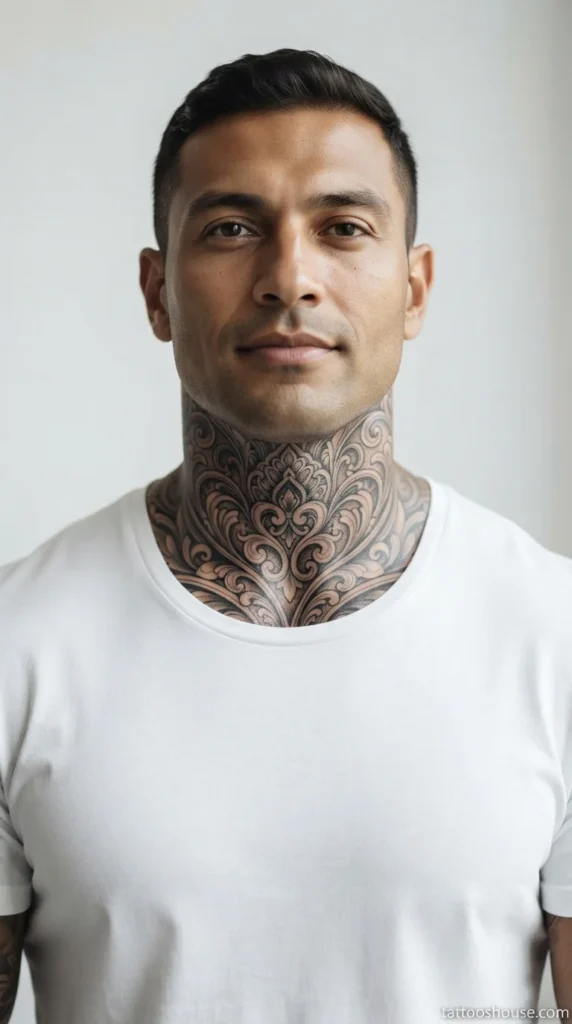 Intricate ornamental front neck tattoo for men with filigree patterns on olive skin by tattooshouse.com