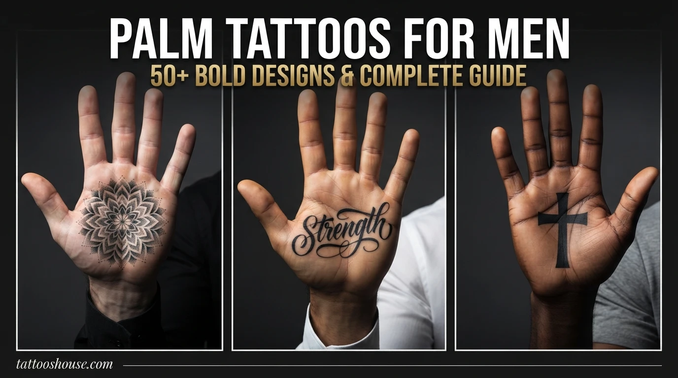 Palm tattoos for men featuring three styles – geometric mandala, script word, and cross on different open palms by tattooshouse.com