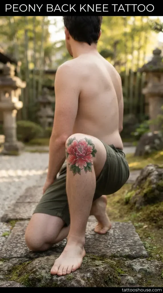 Peony back of knee tattoo for men on fair leg in Japanese garden by tattooshouse.com