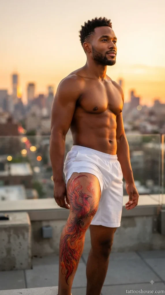 Red and orange phoenix rising shin tattoo for men with flames on rooftop by tattooshouse.com