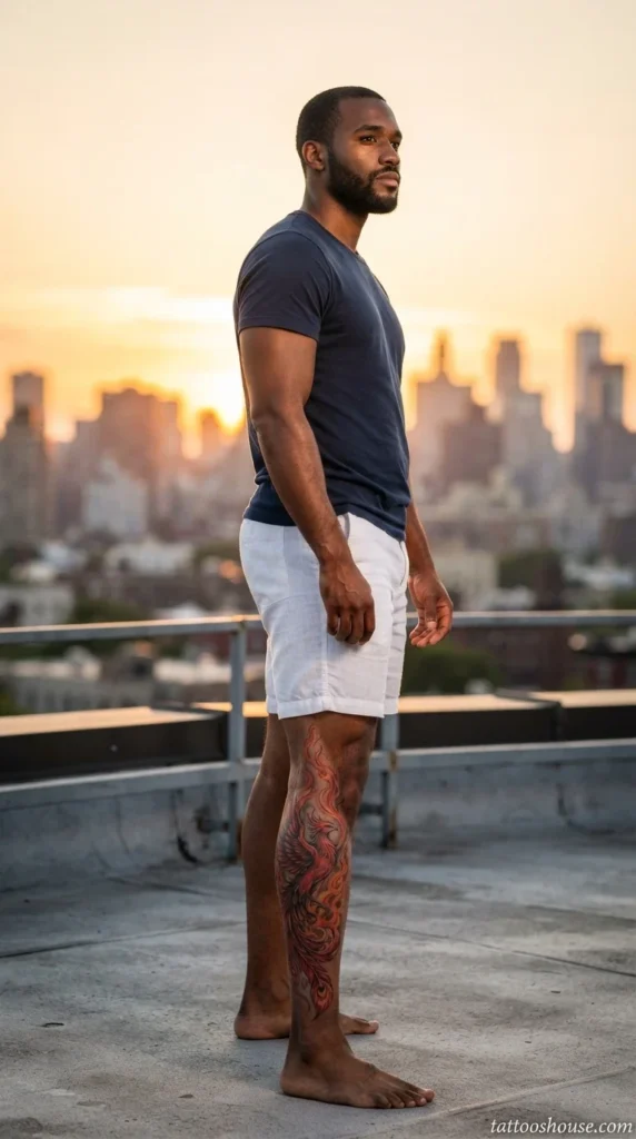 Red and orange phoenix rising calf tattoo for men with flames on rooftop sunset by tattooshouse.com