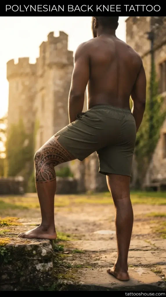 Polynesian back of knee tattoo for men on dark ebony leg at castle by tattooshouse.com