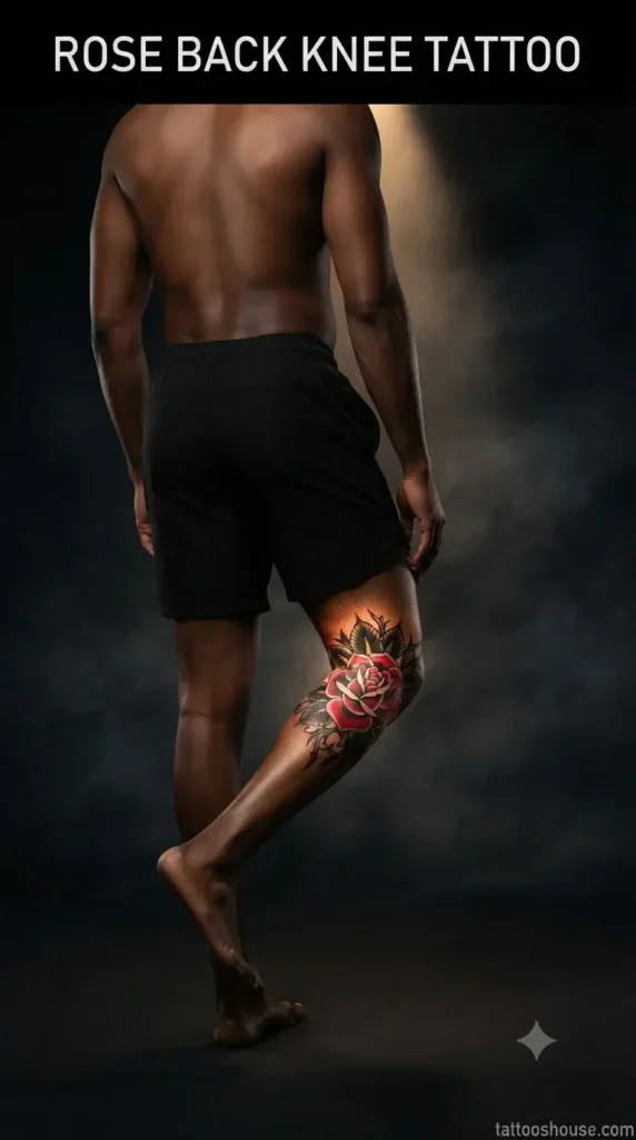 Rose back of knee tattoo for men on dark brown leg by tattooshouse.com