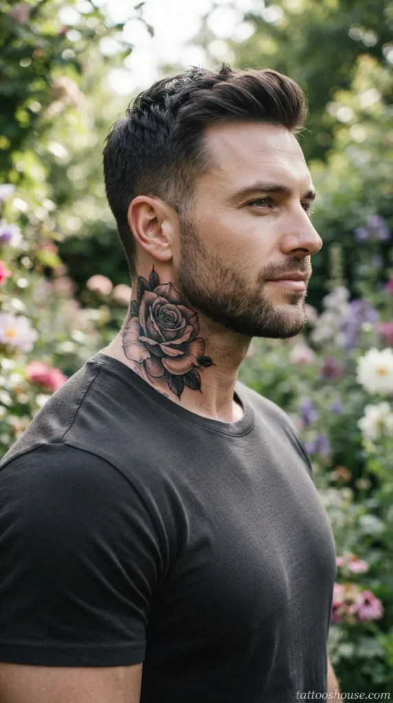 Black and grey rose side neck tattoo for men with detailed petals by tattooshouse.com