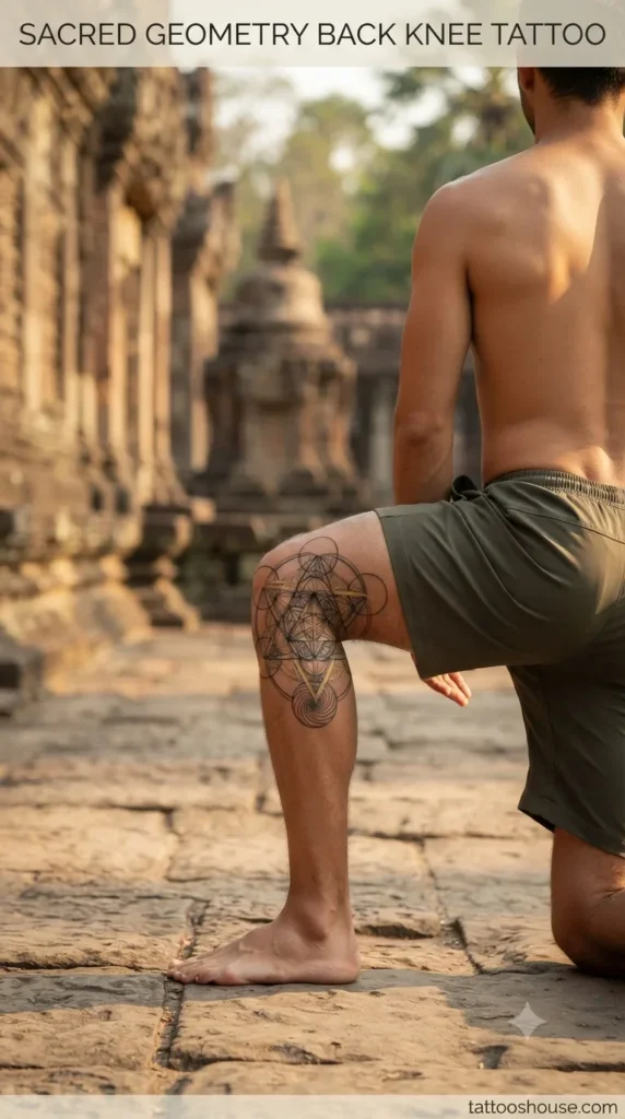 Sacred geometry back of knee tattoo for men on olive leg at temple by tattooshouse.com