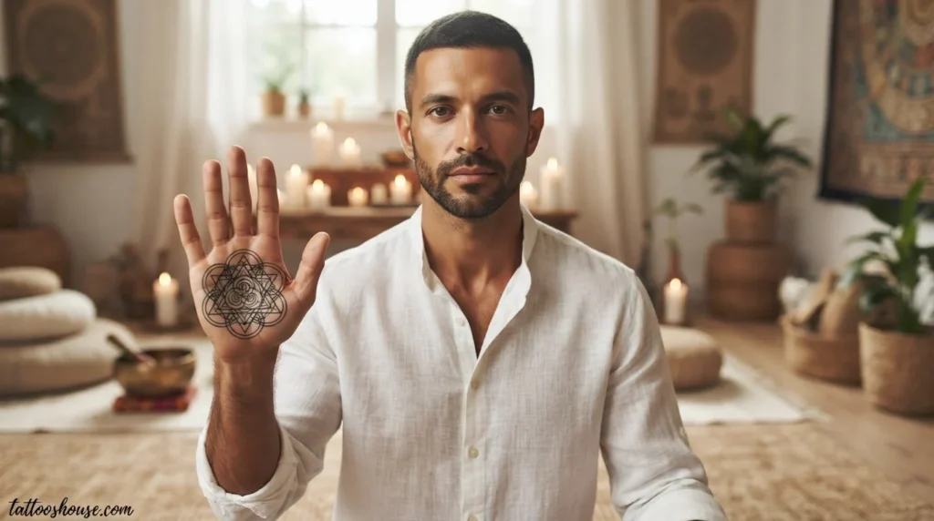 Sacred geometry palm tattoo for men on olive skin wide shot by tattooshouse.com