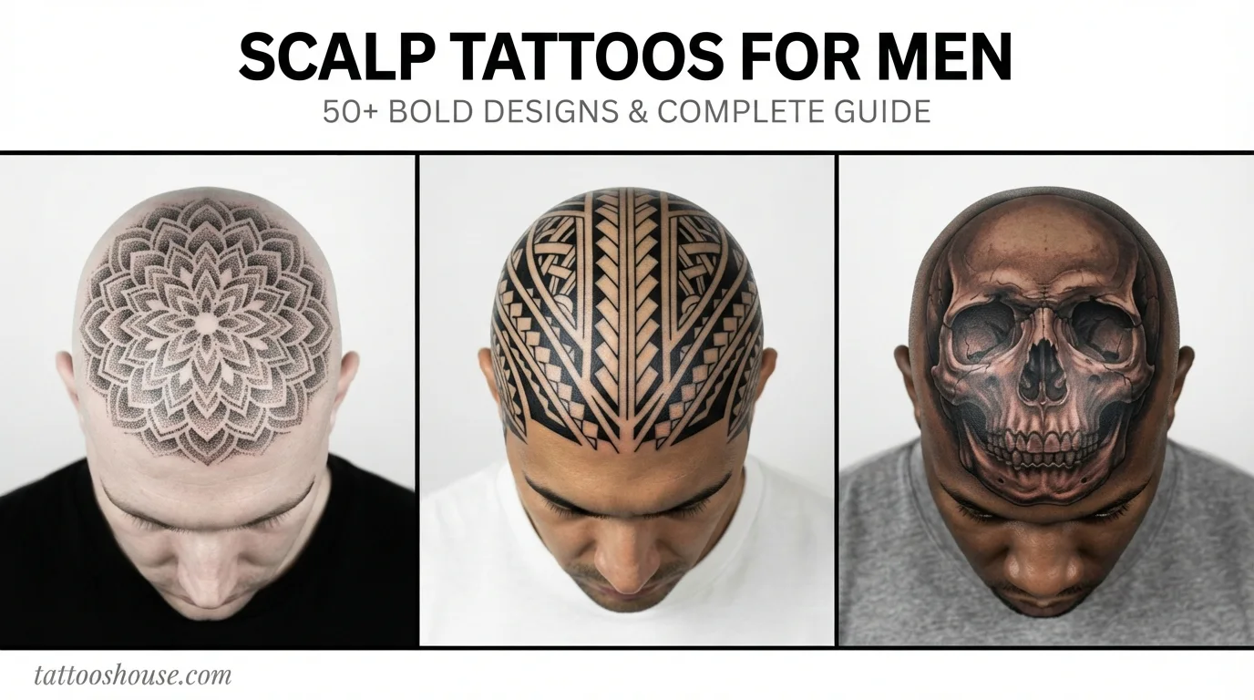Scalp tattoos for men featuring three styles – dotwork mandala, tribal, and skull on different shaved scalps top view by tattooshouse.com