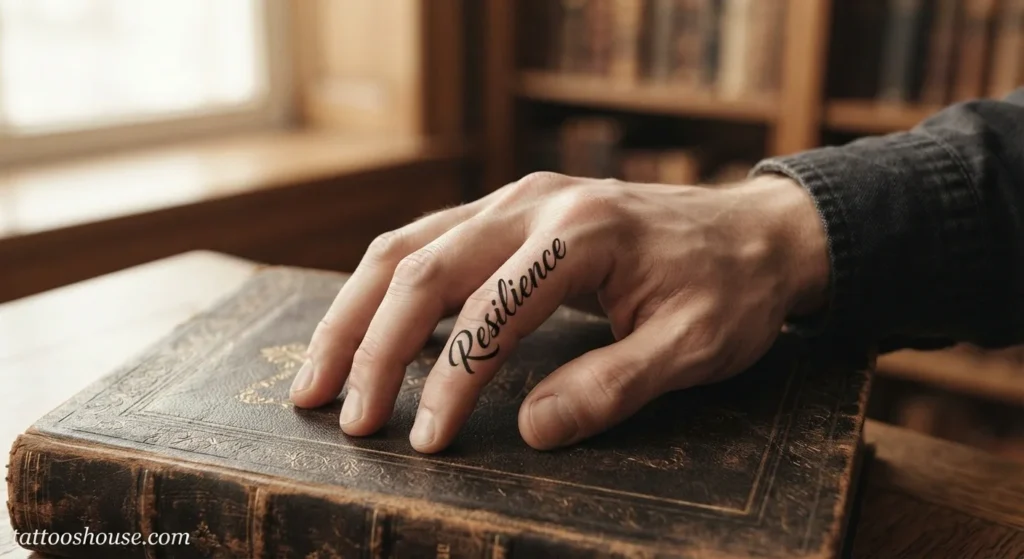 Bold script finger top tattoo for men with calligraphy on pale skin medium shot by tattooshouse.com