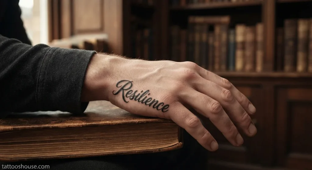 Bold script side hand tattoo for men with calligraphy on pale skin medium shot by tattooshouse.com