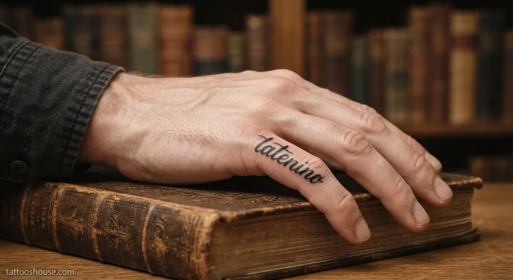 Bold script side finger tattoo for men with calligraphy on pale skin medium shot by tattooshouse.com