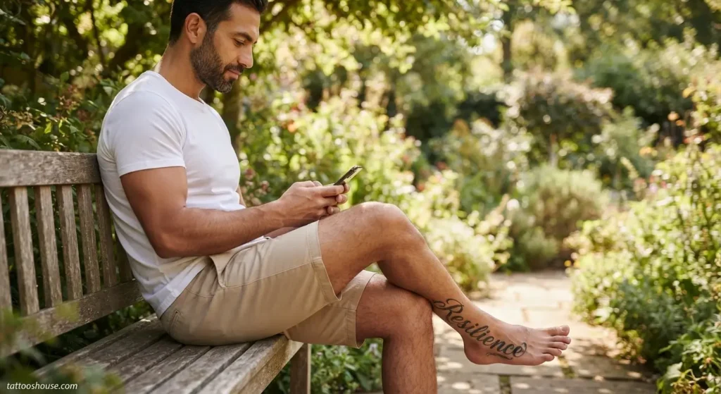 Script side foot tattoo for men on olive skin medium shot by tattooshouse.com