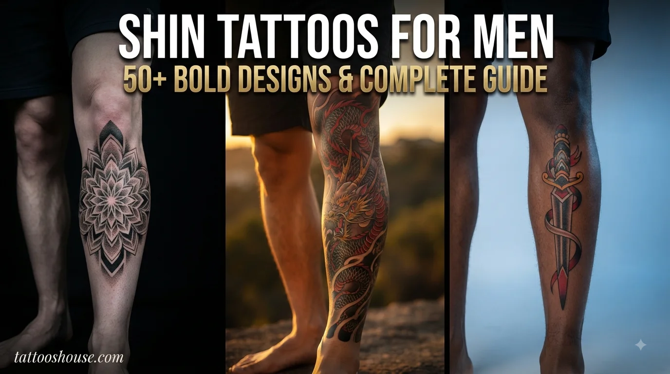 Shin tattoos for men featuring three styles – geometric mandala, Japanese dragon, and traditional dagger on different legs by tattooshouse.com