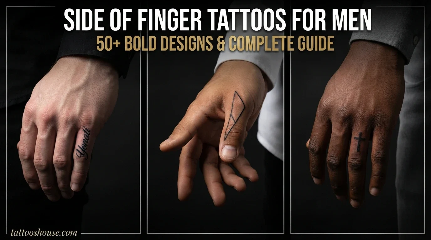 Side of finger tattoos for men featuring three styles – script word, geometric line, and cross on different hands by tattooshouse.com