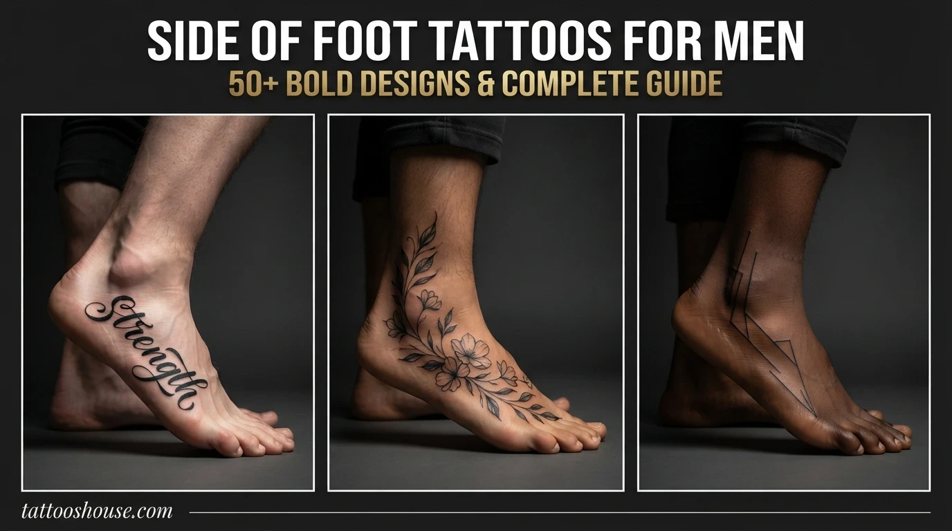Side of foot tattoos for men featuring three styles – script word, floral vine, and geometric line on different feet by tattooshouse.com