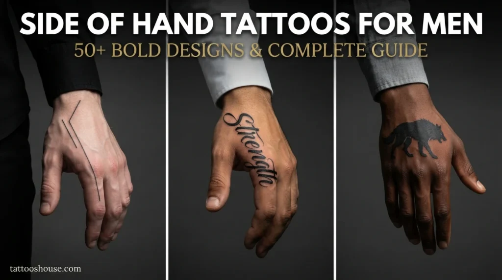 Side of hand tattoos for men featuring three styles – geometric line, script word, and animal silhouette on different hands by tattooshouse.com