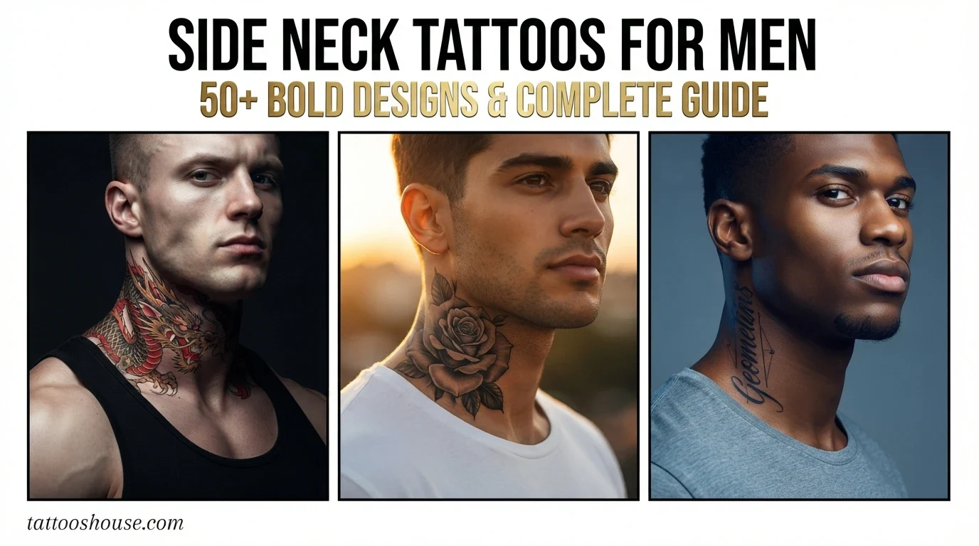 Side of neck tattoos for men featuring three styles – dragon, rose, and geometric script on different neck placements by tattooshouse.com