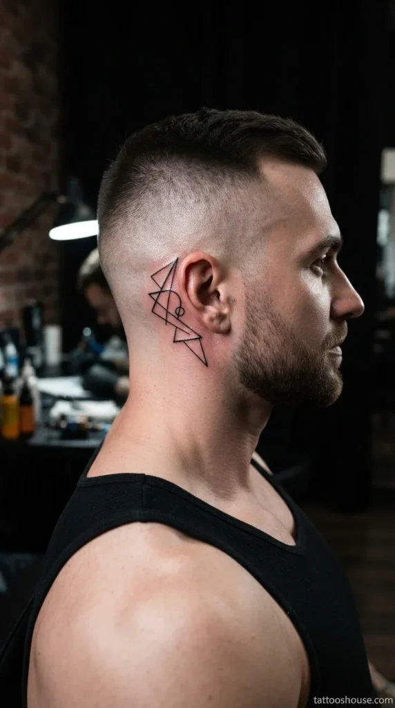 Clean black single geometric line behind ear tattoo for men on pale skin close-up by tattooshouse.com