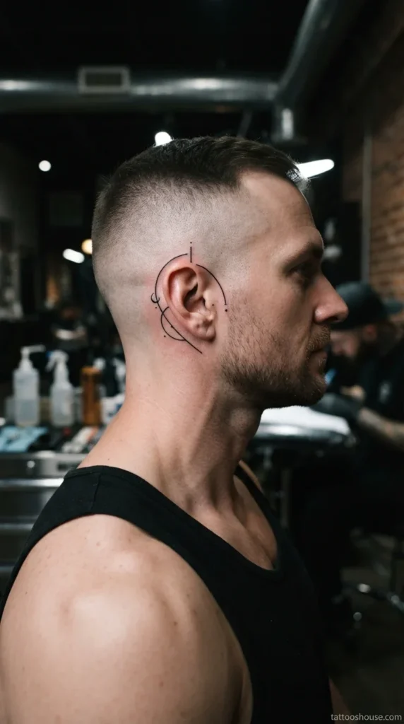Clean black single geometric line ear tattoo for men on pale skin close-up by tattooshouse.com