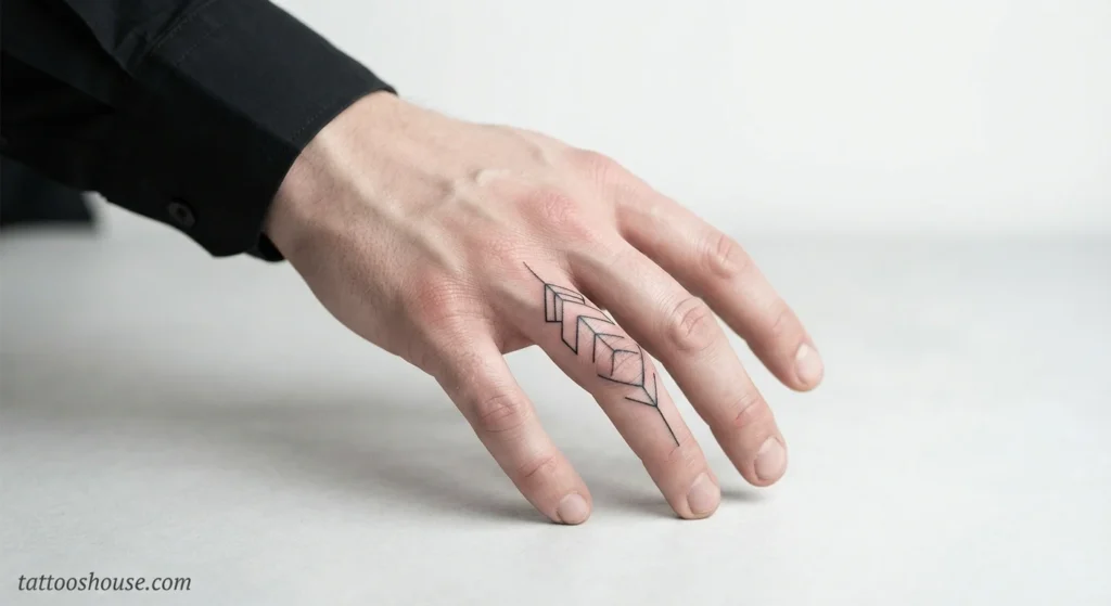 Single geometric line finger top tattoo for men on pale skin medium shot by tattooshouse.com