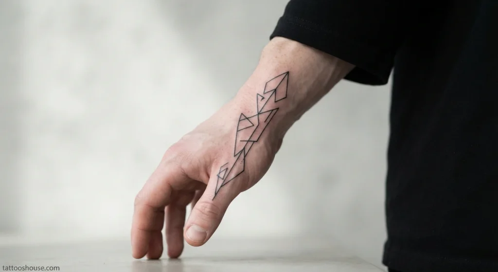 Single geometric line side hand tattoo for men on pale skin medium shot by tattooshouse.com