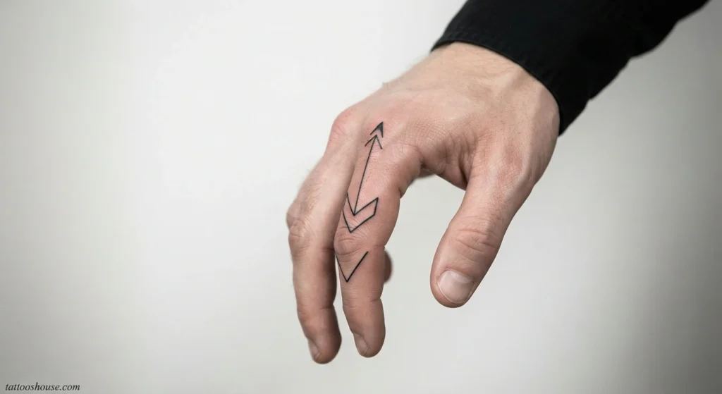 Single geometric line side finger tattoo for men on pale skin medium shot by tattooshouse.com