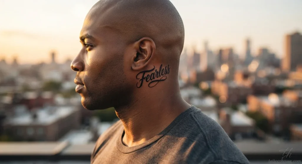Crisp geometric shapes behind ear tattoo for men with triangles and diamonds on olive skin by tattooshouse.com