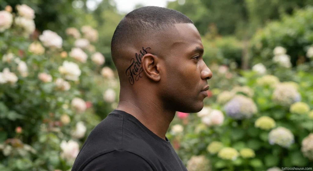 Bold black script single word ear tattoo for men on dark brown skin by tattooshouse.com