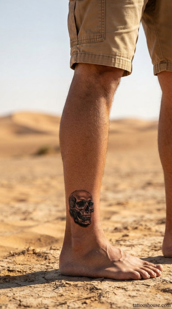 Realistic skull ankle tattoo for men in black and grey close-up by tattooshouse.com