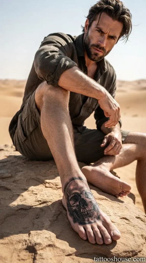 Realistic skull foot tattoo for men in black and grey on desert by tattooshouse.com