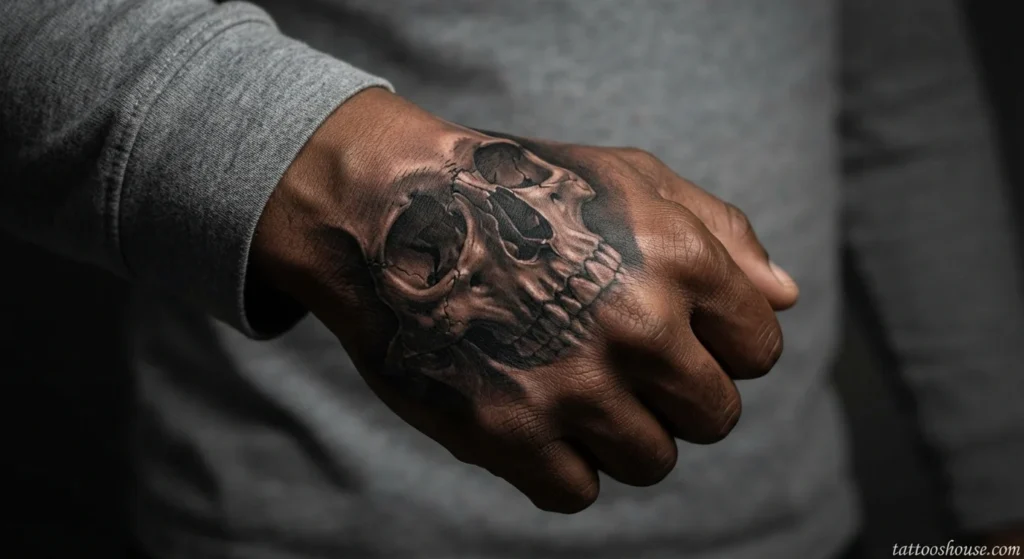 Powerful realistic skull hand tattoo for men on dark skin by tattooshouse.com