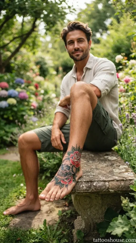 Skull with rose foot tattoo for men in red and black on garden by tattooshouse.com
