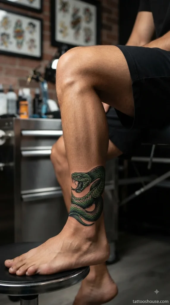 Green and black snake ankle tattoo for men wrapping around leg close-up by tattooshouse.com