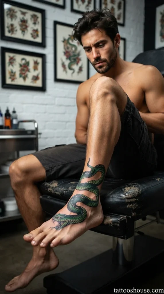 Green and black snake foot tattoo for men wrapping around foot and ankle by tattooshouse.com