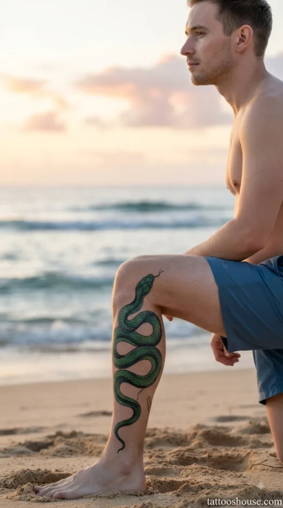 Green and black snake shin tattoo for men descending along leg on beach by tattooshouse.com