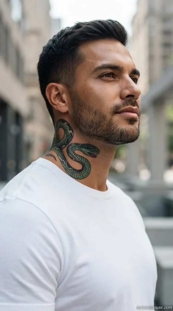 Green and black snake side neck tattoo for men curling along neck by tattooshouse.com