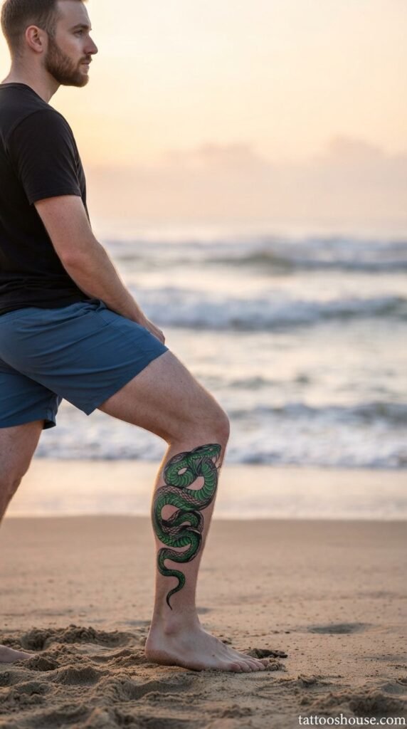 Green and black snake calf tattoo for men wrapping around leg on beach sunrise by tattooshouse.com