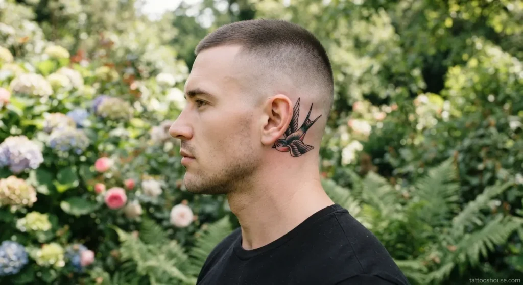 Detailed sparrow behind ear tattoo for men in traditional style on pale skin by tattooshouse.com