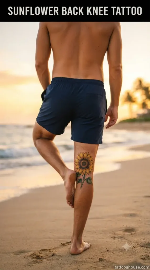 Sunflower back of knee tattoo for men on tan leg at beach by tattooshouse.com