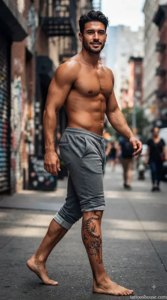 Orange and black tiger shin tattoo for men in motion on urban street by tattooshouse.com
