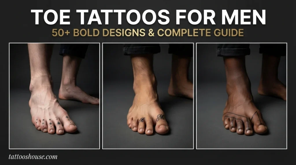 Toe tattoos for men featuring three styles – dot/star, initials/script, and geometric line on different feet by tattooshouse.com