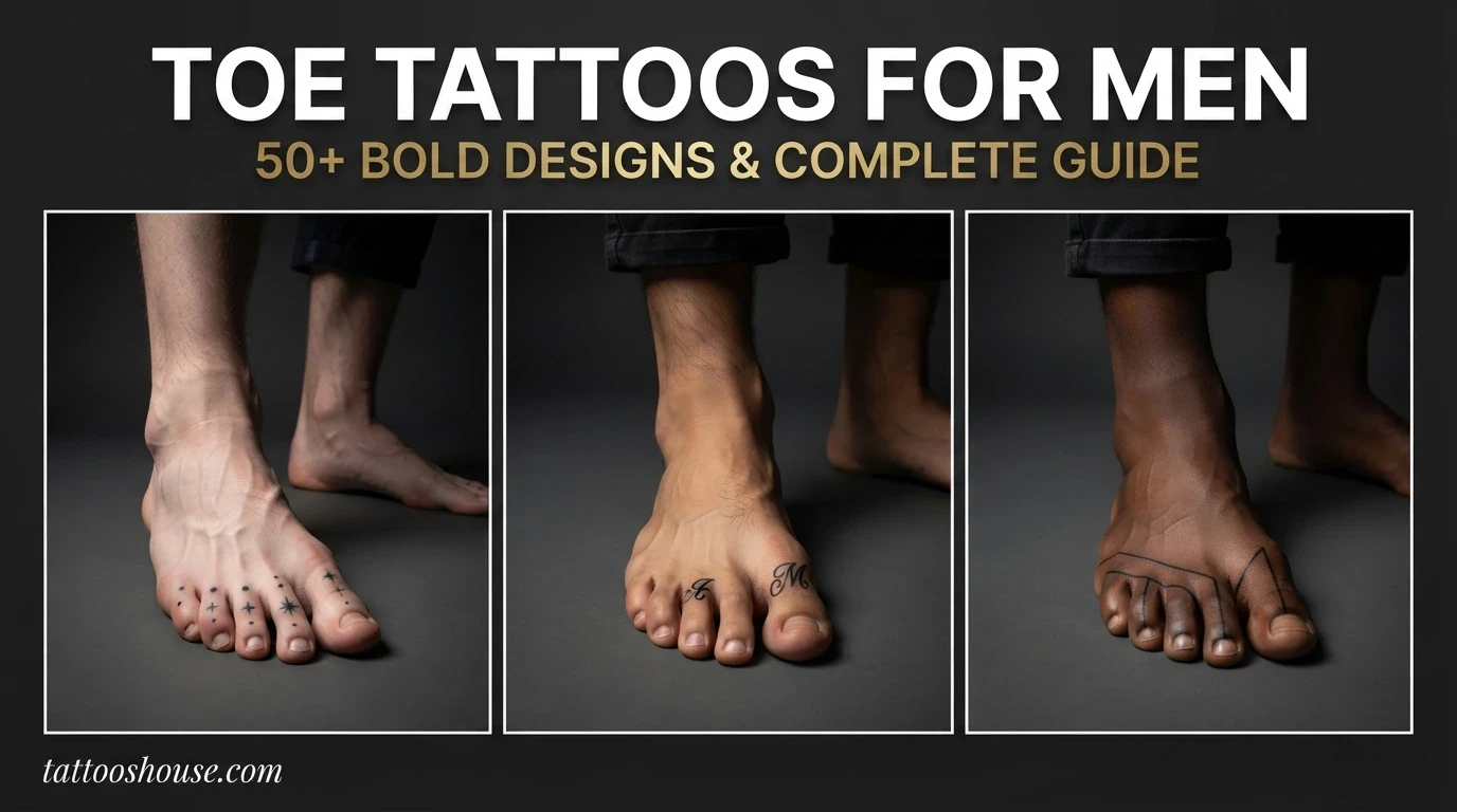 Toe tattoos for men featuring three styles – dot/star, initials/script, and geometric line on different feet by tattooshouse.com