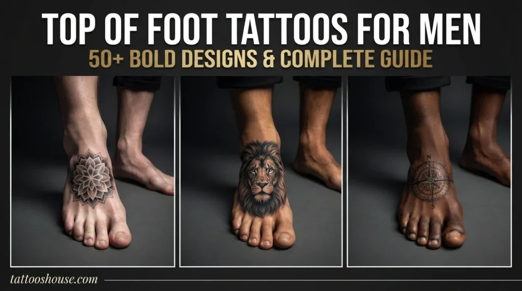 Top of foot tattoos for men featuring three styles – geometric mandala, lion, and compass on different feet by tattooshouse.com