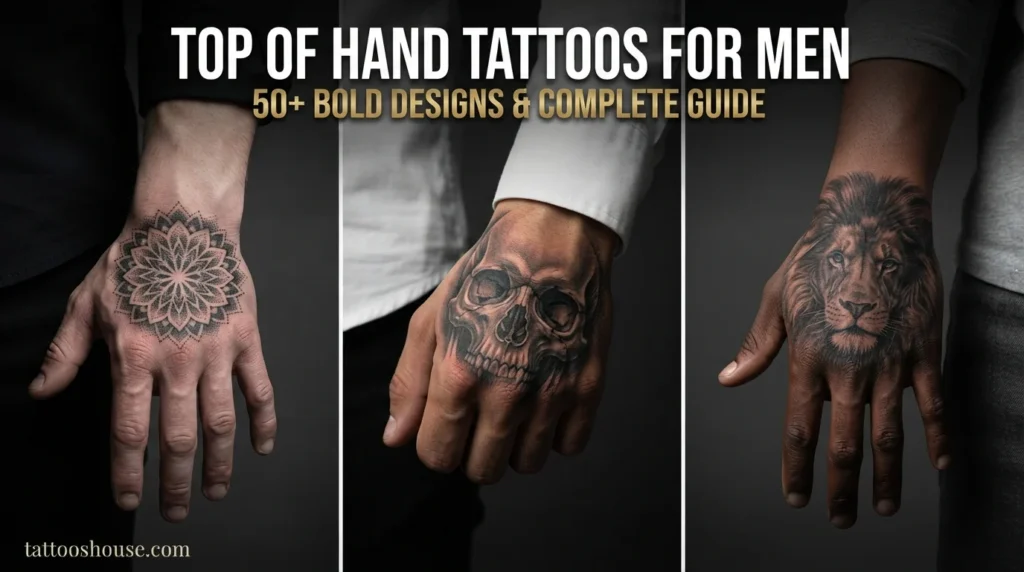 Top of hand tattoos for men featuring three styles – geometric mandala, skull, and lion on different hands by tattooshouse.com