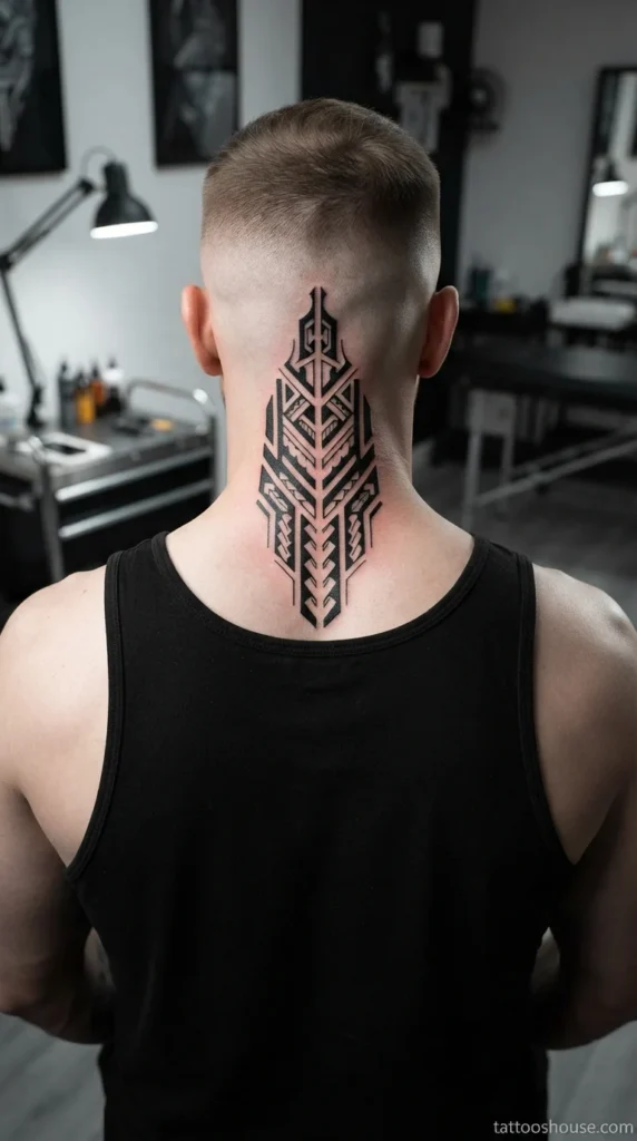Bold black tribal back neck tattoo for men with geometric lines on pale skin by tattooshouse.com
