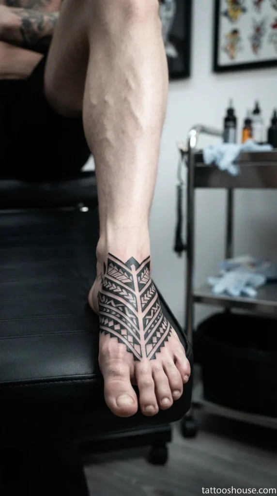 Bold black tribal foot tattoo for men with geometric patterns close-up by tattooshouse.com