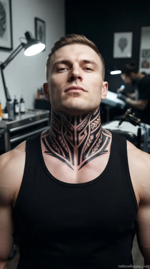 Bold black tribal front neck tattoo for men with geometric lines on pale skin by tattooshouse.com