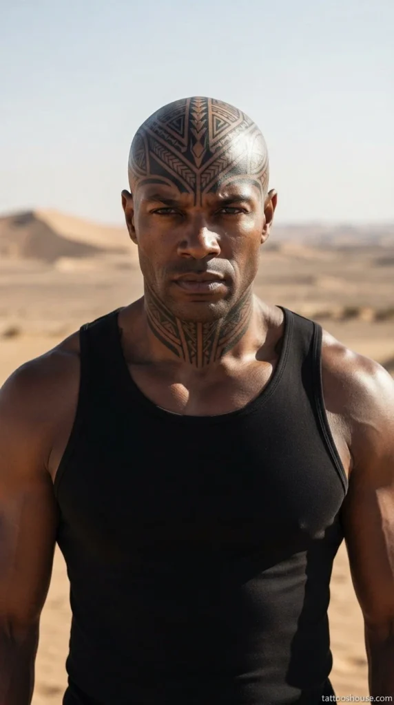 Bold black tribal full head tattoo for men with geometric lines on desert by tattooshouse.com
