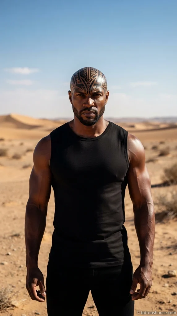 Bold black tribal scalp tattoo for men with geometric lines on desert by tattooshouse.com