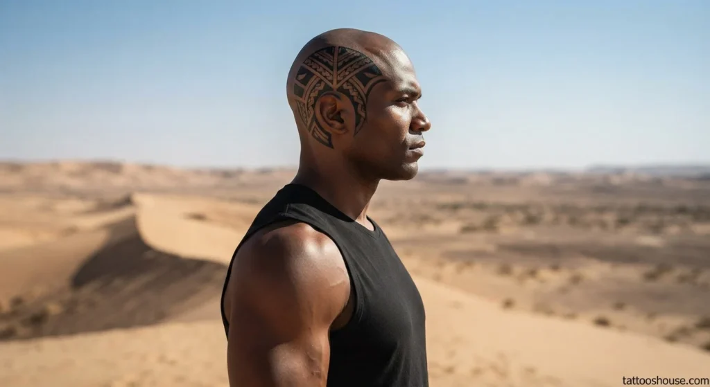 Bold black tribal temple tattoo for men with geometric lines on desert by tattooshouse.com